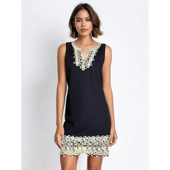 Mudpie Women's‎ Medium Black Shift Dress w/ Gold Lace Trim Sleeveless V-Neck - Picture 1 of 7